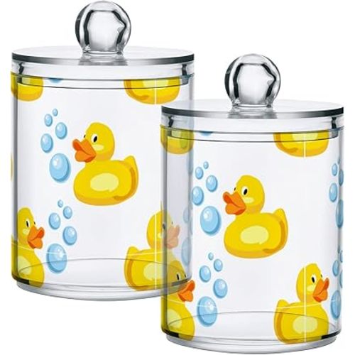 DOMIKING Rubber Ducks 2 Pack Cotton Swab Holder Dispenser Plastic Jar Bathroom Storage Canister Acrylic Containers for Cotton Ball Cotton Swab Cotton Round Pads
