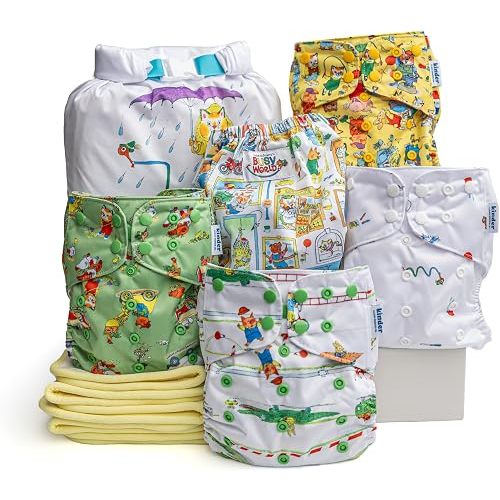 Kinder Cloth Diapers Reusable Baby Diapers Pocket Style Athletic Wicking Jersey, Bamboo Viscose Inserts, Wet Bag, Newborn to Potty Training 7-60lbs, One Size (Richard Scarry, 5 Pack, with Inserts)