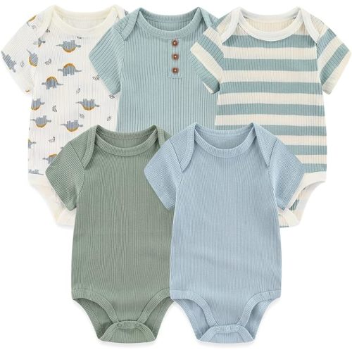 MAMIMAKA Newborn Baby Short Sleeve Bodysuit Cotton One-Piece Baby Clothes 5-Pack, 0-12 Months - Five Piece Bodysuits-8 - 3-6 Months