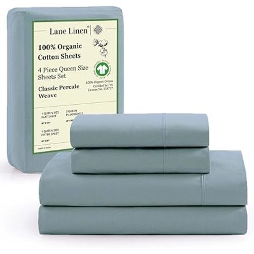 LANE LINEN 100% Organic Cotton Eco Friendly Sustainably Produced Queen Sheets Set, Low Pill Fade Resistant Machine Wash Fully Elasticized Cotton Bedding Queen Set- French Blue