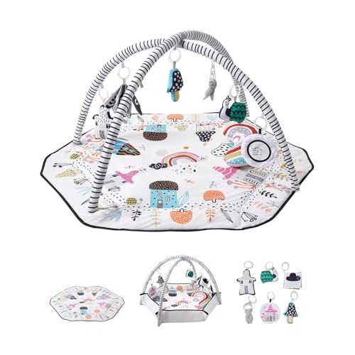 VEVOR Baby Play Gym Mat, Tummy Time Mat with 6 Detachable Sensory Toys, 41.7" x 41.7" Large-Sized Baby Newborn Activity Mat with Fold-up Sides & Soft Fabric for Sensory and Motor Skill Development