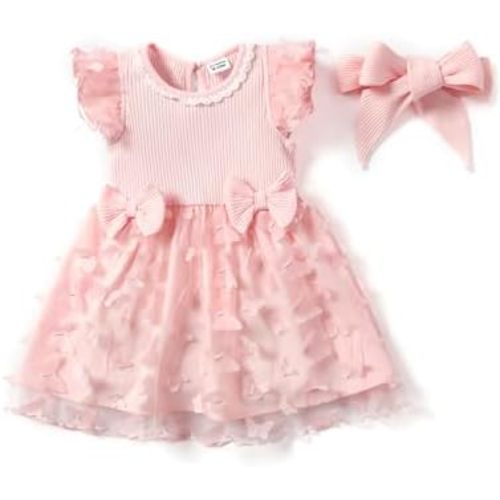PATPAT Baby Girl Dresses Ruffle Sleeve Tutu Dress Butterfly Tulle Dress Flower Girl Party Birthday Princess Dresses
