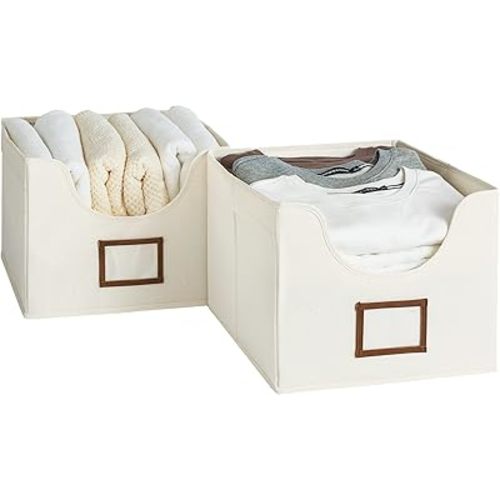 StorageWorks Closet Storage Bins,Storage Baskets with Cutout Window and 2 Handles, Foldable Fabric Clothes Organizer, Large, Beige, 2-Pack