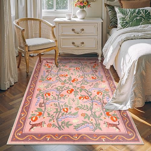 OJIA Animal Print Washable Rugs 5x7 Nursery Rug, Soft Pink Playroom Rug Non-Slip Boho Area Rug, Ultra-Thin Modern Floral Living Room Carpet for Bedroom Kids Room Classroom Office