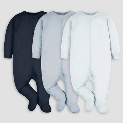 Gerber Baby 3pk Tonal Sleep N' Play - Blue 6-9M: Cotton Spandex Blend, Footed Pajamas, Long Sleeve, Crew Neck, Knit Fabric