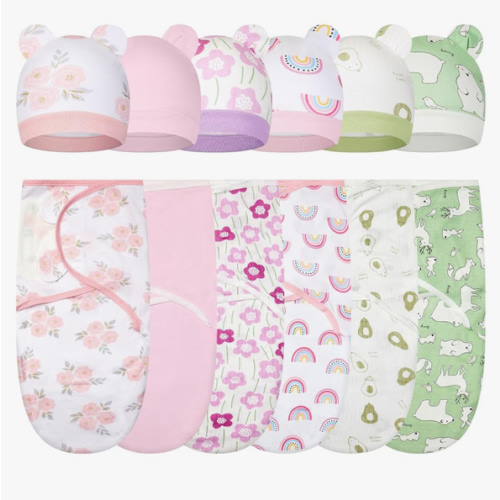 Ramede 6 Pack Baby Swaddle Blanket with Hats Sleep Swaddle for 0-3 Months Newborn Sacks Soft Cotton Wearable for Boy Girl