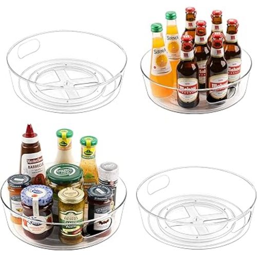 4 Pack Lazy Susan Organizer for Cabinet, Upgraded 11.5" Clear Lazy Susan Turntable with Handles and Raised Edge, Rotating Lazy Susan Spice Storage for Kitchen, Pantry, Refrigerator, Bathroom, Table