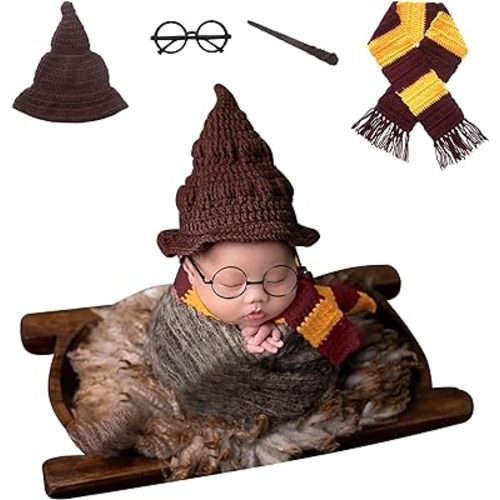 4PCS Newborn Photography Props - Magic Wizard Witch Hat Scarf Wand Glasses Frame Decoration, Newborn Photography Outfits,Halloween Cosplay Baby Photoshoot Props, Baby Halloween Photoshoot Props