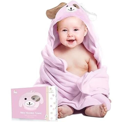 Baby Hooded Towel 100% Organic Bamboo Cotton, Super Absorbent, for Boys and Girls. Ultra Soft, X-Large, 35 x 35 inches. Perfect with Washcloth and Greeting Card (Pink)