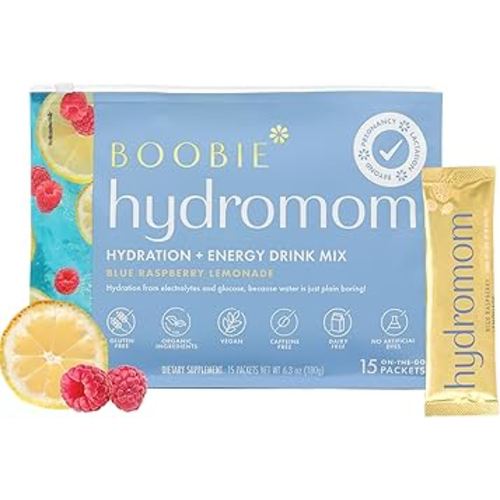 Boobie Hydromom Superfood Electrolyte Drink Mix, Blue Raspberry Lemonade | Refreshing Energy & Hydration Boost for Mamas | On-The-Go & Travel Essentials for Pregnancy, Lactation, & Beyond, 15 Packets