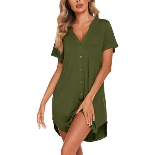 Ekouaer Womens Nightgown V Neck Button Down Sleepshirts Soft Sleepdress