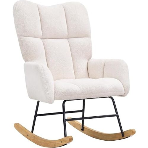 VEVOR Rocking Chair Nursery, Glider Rocking Chair with Soft Seat and High Backrest, 250 lbs Weight Capacity Teddy Fabric, Upholstered Glider Rocker Chair for Nursery, Bedroom, Living Room, Ivory White