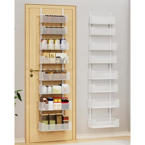 VyGrow Over the Door Organizer, 8-Tier Pantry Organizer with Fully Enclosed Mesh Baskets, Heavy-Duty Metal Hanging Spice Rack for Kitchen Bathroom Laundry Room, 2-in-1 Wall Mount or Door Mount, White