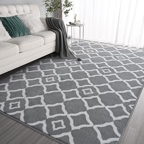 Kimicole Ultra Soft Shag Area Rug for Bedroom, 6x9 Grey/White Large Fluffy Geometric Living Room Rugs, Modern Moroccan Memory Foam Big Dorm Carpet Indoor Home Decor for Teens Girls Kids Nursery