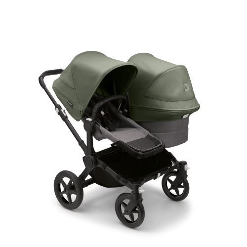 Bugaboo Donkey 5 Duo bassinet and seat stroller black base, grey mélange fabrics, forest green sun canopy