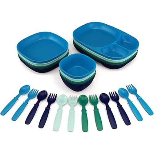 Kid’s Dinnerware Set - 24 Pieces, 4 Place Settings - Tough Tableware for Toddlers - Made in the USA - Dishwasher and Microwave Safe - BPA Free and Shatter Resistant (Ocean)