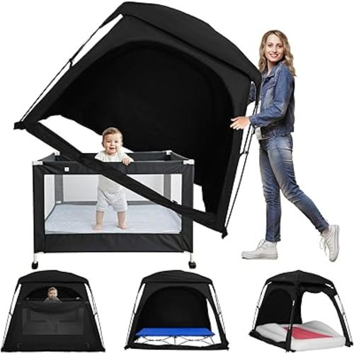 Blackout Sleep Tent for Toddler Travel Bed, fits Pack N Play, Mini Crib, Kids Air Mattress & Cot, Baby Sleep Pod with Fan Pouch & Monitor Pouch, Portable & Easy Setup, Great for Room Sharing