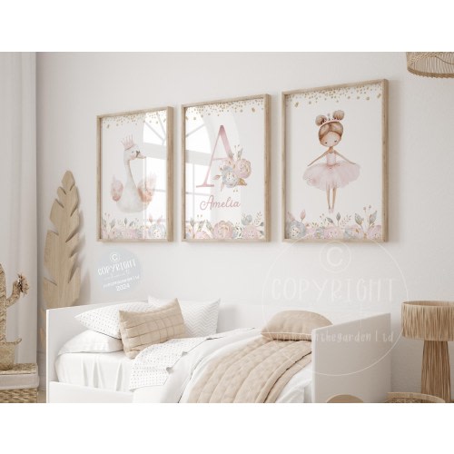 Ballet nursery print, swan wall art, Pink nursery decor, Girls nursery art, floral print, vintage style nursery, Girls bedroom art, Set of 3