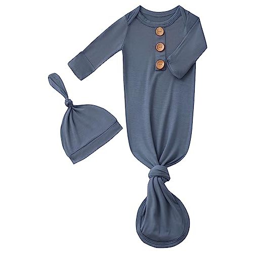 Newborn Baby Boys Girls Knotted Gown Hat Set Soft Bamboo Viscose Infant Sleeper Baby Sleep Gown with Mittens