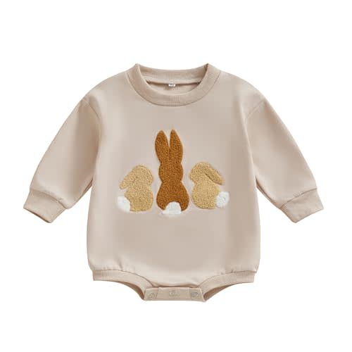 Lesimsam Newborn Baby Boy Girl Easter Outfit Bunny Embroidery Sweatshirt Romper Oversized Long Sleeve Bubble Romper Bodysuit