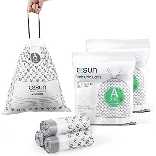 Cesun Code A Drawstring Trash Bags 90 Count, Pre Cut 1.6 Gallon / 6 Liter Small Trash Can Liners, White