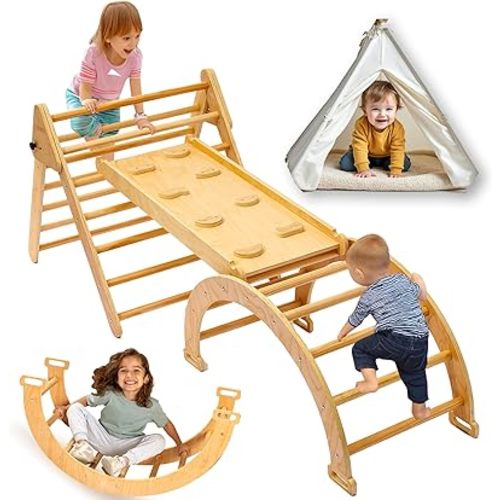 5 in 1 Pikler Triangle Set, Montessori Toddler Climbing Toys Indoor, Baby Wooden Play Pickler, Kids Climber