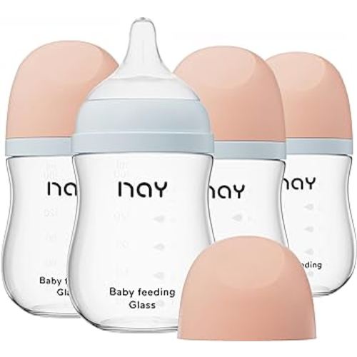 Natural Glass Baby Bottle Wide Neck, Anti-Colic Baby Bottle, Clear, 5.4oz(Pack of 4), Includes 4Pcs Slow Flow Nipple(S), 1 Months+