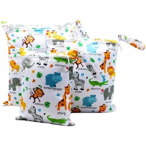 3pcs Cloth Diaper Wet Dry Bags Waterproof Reusable with Two Zippered Pockets Travel Beach Pool Daycare Soiled Baby Items Yoga Gym Bag for Swimsuits or Wet Clothes (3036-3-monkey)