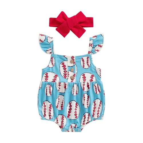 GINEVSAL Baby Girl Baseball Outfits Fly Sleeve 4th of July Romper Bubble Bodysuit with Headband Set Infant Summer Clothes