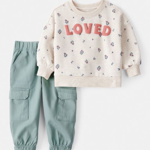 Cream/Green Baby 2-Piece "Loved" Pullover Sweatshirt & Pant Set - Cream/Green | Carter’s Oshkosh Canada