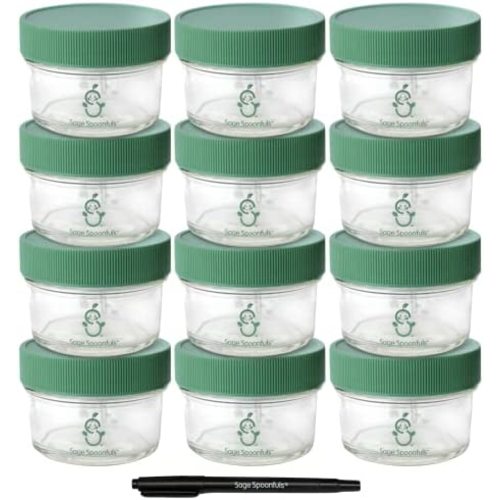 Sage Spoonfuls Glass Baby Food Containers with Lids - 12 Pack, 4 oz Baby Food Jars, Freezer Storage, Leakproof, Reusable Small Glass Baby Food Containers, Microwave & Dishwasher Friendly