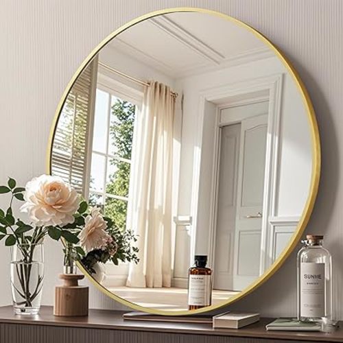 Gold Round Mirror 24 inch, Metal Frame Circle Mirror, Round Bathroom Mirror for Wall Decor, Gold Mirror for Living Room, Bathroom, Wall, Entryway,