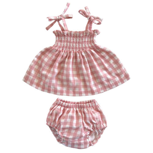 Pink Gingham / Organic Smocked Set