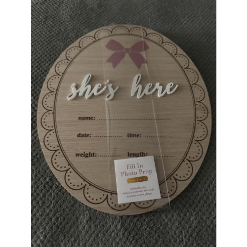 Baby Announcement Sign with Pen, She's Here Wooden Newborn Girl Sign