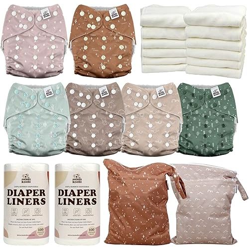 Mama Koala 3.0 Baby Cloth Diapers with 12 Inserts Bundle, with 2 Pack Wet Dry Bags, and 2 Rolls Natural Liners