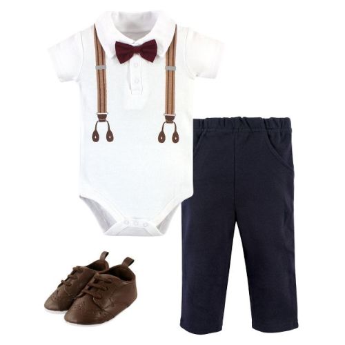 Little Treasure Baby Boy Cotton Bodysuit, Pant and Shoe 3pc Set, Brown Suspenders