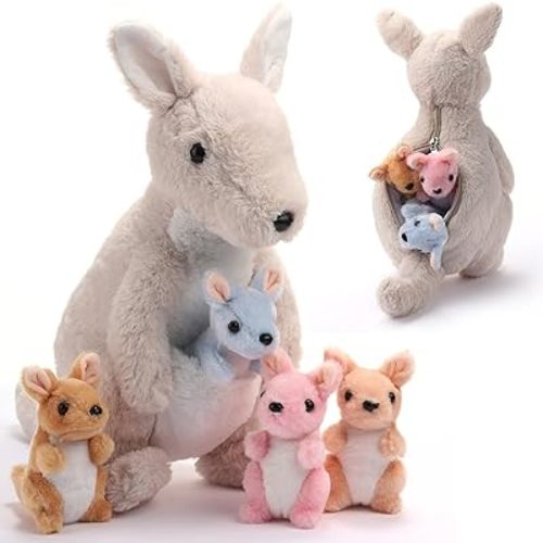 5 Pcs Kangaroo Stuffed Animals, 12 Inch Large Plush Mommy Kangaroo with 4 Little Babies Soft Plush Stuffed Animals Set for Boys and Girls Easter Christmas Birthday Party Favors (Grey)