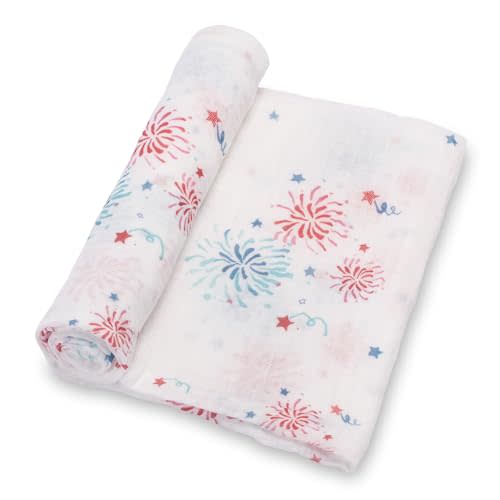 LollyBanks Swaddle Blanket 100% Cotton, Muslin Swaddle Blankets Lightweight, Soft Baby Swaddle Blanket 47 x 47 inches, Baby Essentials, Registry and Gift (Fireworks Print)