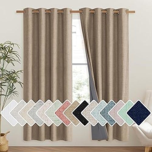 NICETOWN Burlap Vintage Open Linen Weave Flax Thermal Curtains, 100% Blackout Curtains 72" Long for Dining Room, Soundproof Window Treatment Drapes for Hall Room, 52" Wide Per Panel, Set of 2