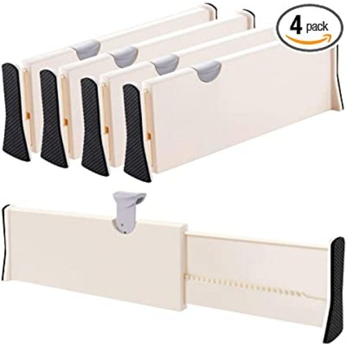 Drawer Dividers Organizer 4 Pack, Adjustable Separators 4" High Expandable from 11-17" for Bedroom, Bathroom, Closet,Clothing, Office, Kitchen Storage, Strong Secure Hold, Foam Ends, Locks in Place - Beige - 4" Tall, 11"-17" Long, 4 Pack