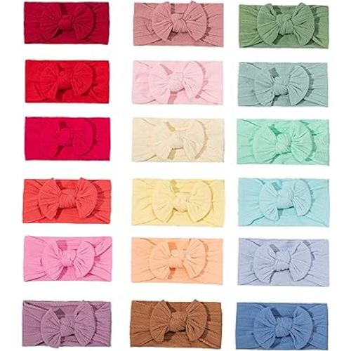 18PCS Baby Soft Nylon Headbands Hairbands With Hair Bows,Elastics Head Wrap Hair Accessories for Newborn Baby Girls Infant Toddlers Kids (ONE SIZE FIT ALL)