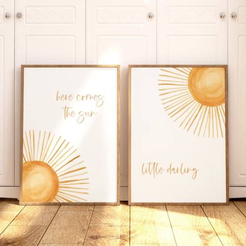 Nursery Wall Decor Set of 2 Here Comes the Sun Little Darling Nursery Wall Art With Yellow Sunshine Boho Baby Room Print Set UNFRAMED - Etsy SIZE 12x16