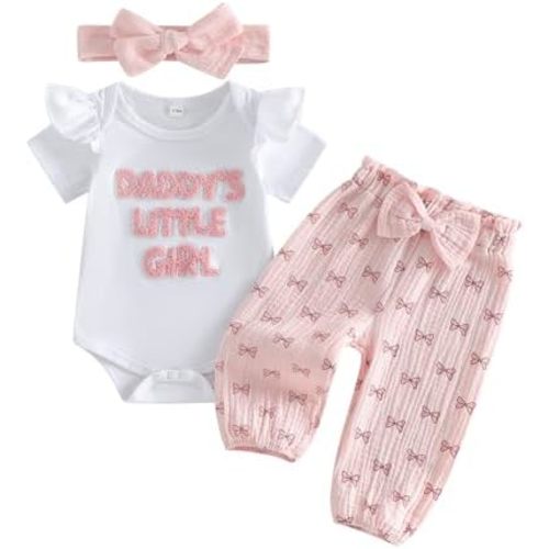 Daddys Little Girl Baby Clothes Short Sleeve Embroidery Romper Bow Pants Set Infant Newborn Daddy Girls Outfits