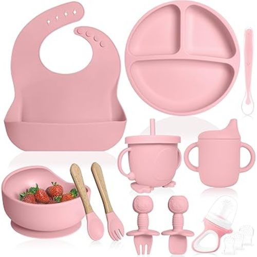 Bluet B- Silicone Baby Feeding Set with Pacifier - Baby Led Weaning Supplies - Baby Spoons, Suction Bowl - Plate - Baby Utensils Set - Silicone Feeding Set for Baby First Foods - 11pcs - Pink