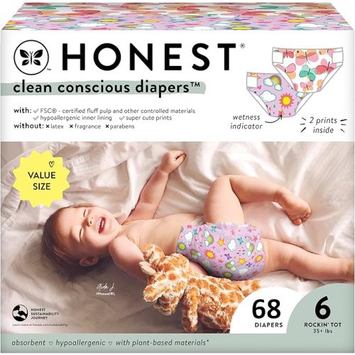 The Honest Company Clean Conscious Diapers | Plant-Based, Sustainable | Sky's The Limit + Wingin It | Super Club Box, Size 6 (35+ lbs), 68 Count - Size 6 (68 Count)