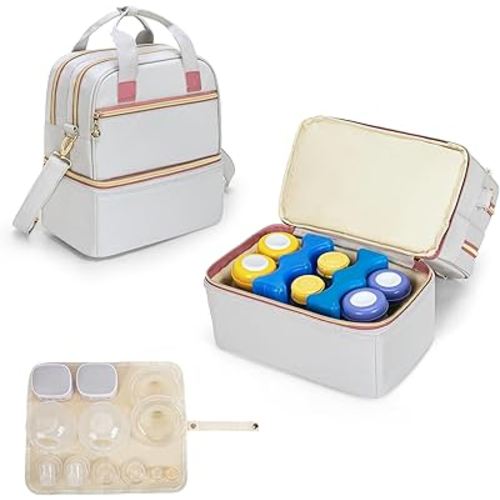 Damero Wearable Breast Pump Bag with Cooler Compartment Compatible with Elvie, Willow and Medela Electronic Pumps, Wearable Pump Tote with Waterproof Mat for Working Moms