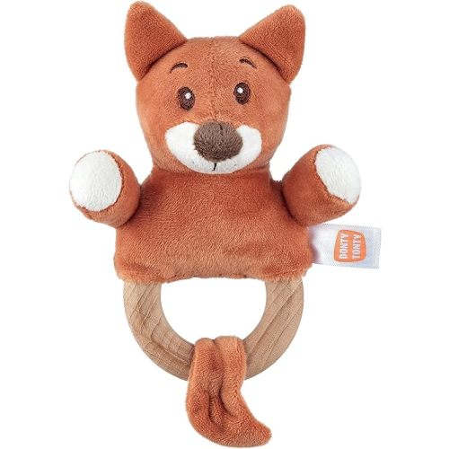 Donty-Tonty Premium Wood Baby Teether Rattle Toy Easter Baby Gift - Animals Soft Plush Shaker Toy with Natural Wooden Teething Ring Toddler, Newborn Boy, Girl, Gifts for 0 3 6 9 12 Months - Red Fox