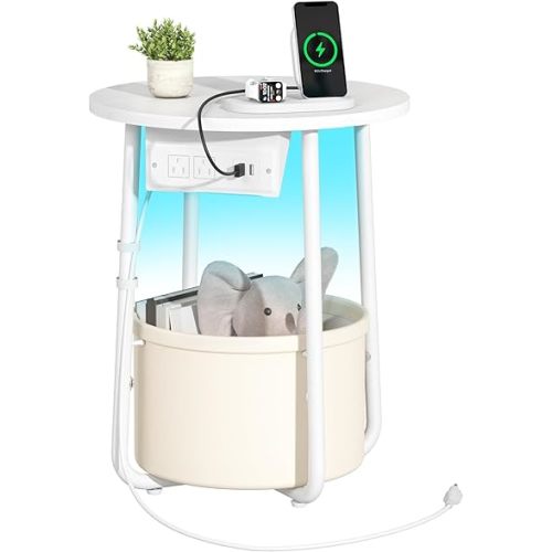 Yoobure Small Side Table, LED Night Stand with Charger Station, Round End Table, Basket Storage for Living Room or Bedroom, Modern Accent Nightstand for Small Spaces, 15.8" × 15.8" × 19.7", White