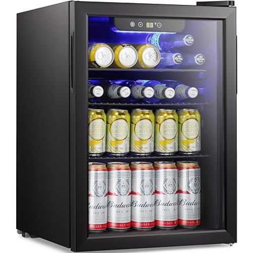 Antarctic Star Beverage Refrigerator Cooler-85 Can Mini Fridge Glass Door for Soda Beer Wine Stainless Steel Glass Door Small Drink Dispenser Digital Display for Home, Office Bar,2.4cu.ft