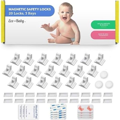 Eco-Baby Magnetic Cabinet Locks for Babies - Keyless, White, 20 Pack and 3 Keys